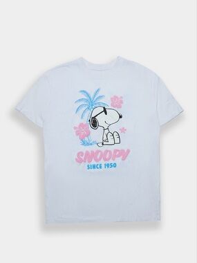 SNOOPY island beach hibiscus summer pink blue graphics white cotton tee T-shirt